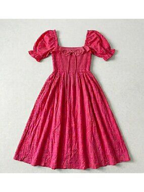 Pink Smocked Midi Dress Size Small Puff Sleeve Ruffle Neckline Cottagecore Boho